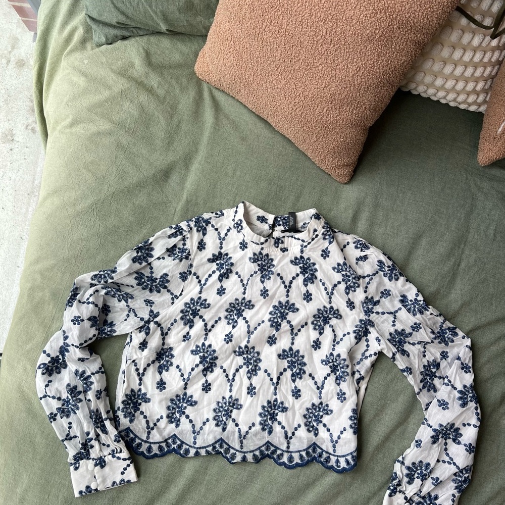 Aqua White and Blue Embroidered Blouse